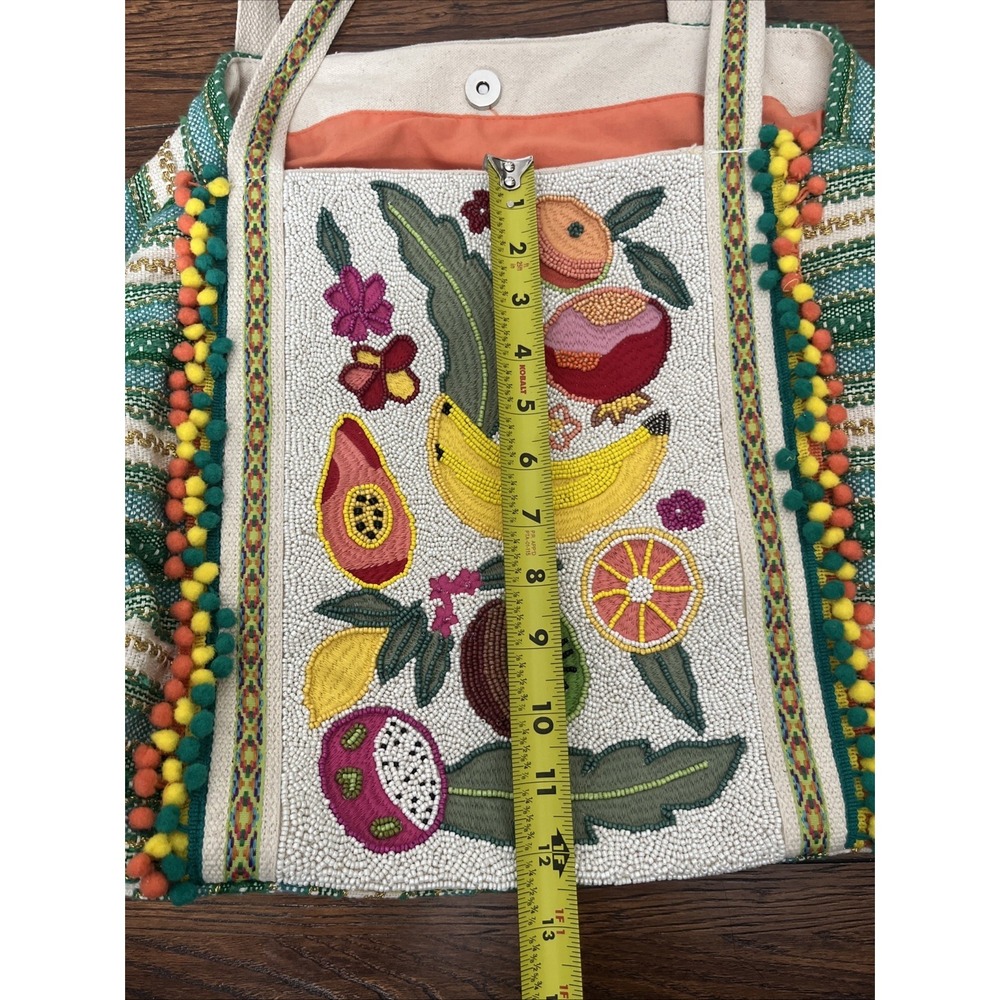 A&B EXPRESS Green Gold Striped Puff Balls BEADED FRUIT LARGE TOTE BAG NWT - Picture 6 of 8